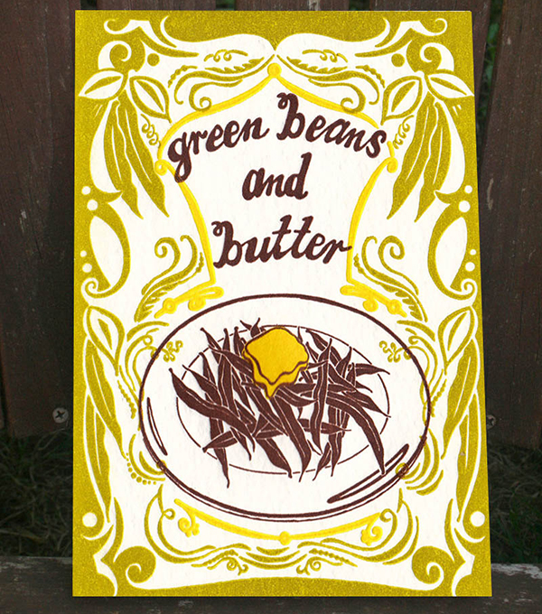 Green Beans and Butter Letterpress Print by Old School Stationers