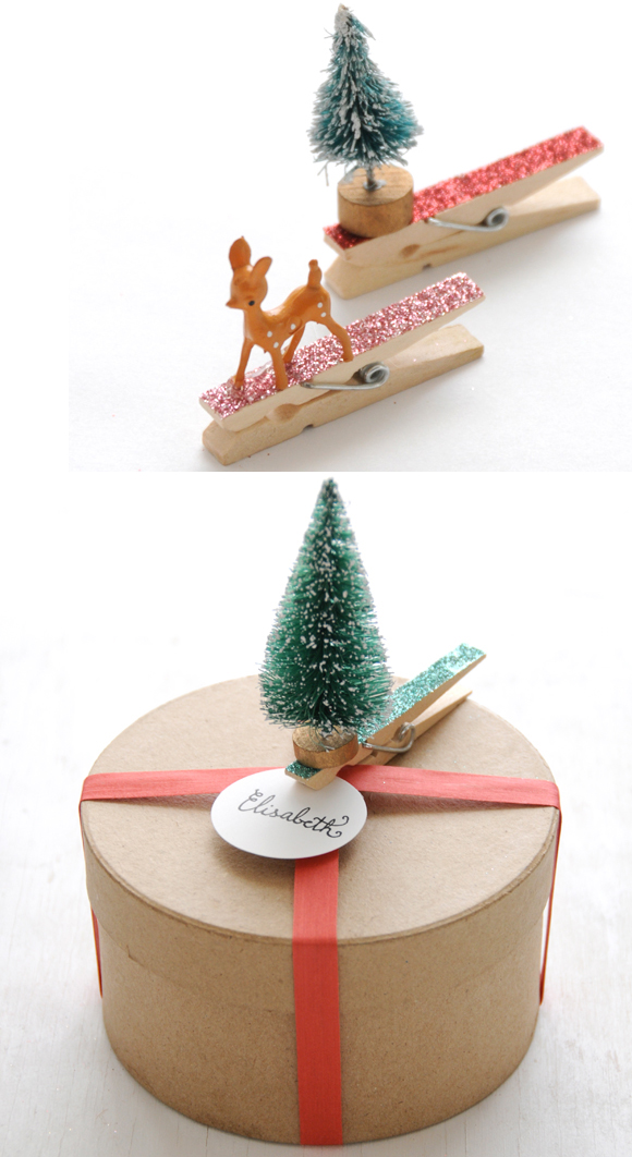 Adorned Glitter Clothespin Gift Toppers by Creature Comforts
